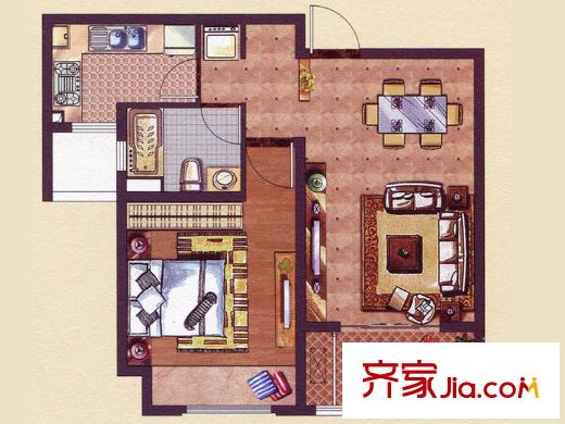 虹梅菁典户型图E户型 1室2厅1卫1厨