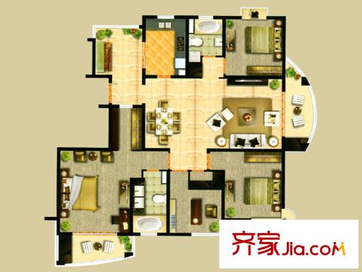 翡翠公馆B2户型188平 4室2厅2卫1厨
