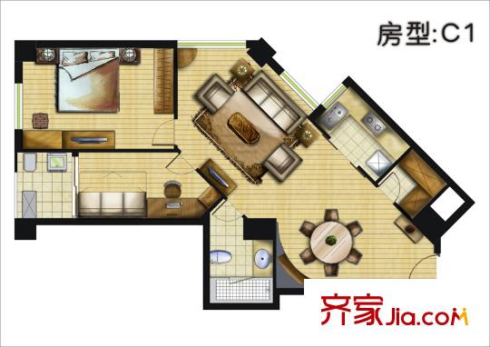碧云公館公寓戶型圖C1戶型 2室2廳1衛(wèi)1廚