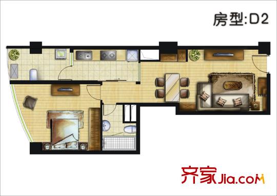 碧云公館公寓戶型圖D2戶型 1室2廳1衛(wèi)1廚