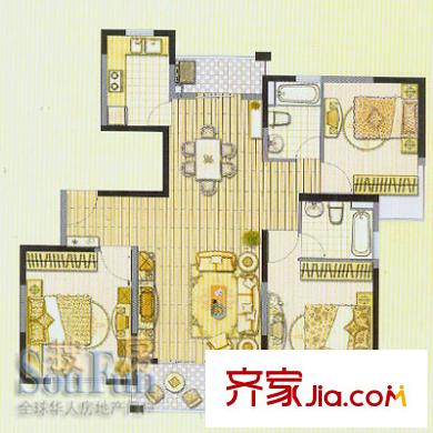連城新苑戶型圖E戶型 3室2廳1衛(wèi)1廚