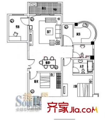 安达家园桃源富邦户型图E2型平面图 2室2厅1卫1厨