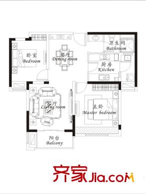 大華錦繡華城第15街區(qū)戶型圖A2戶型圖 2室2廳1衛(wèi)1廚
