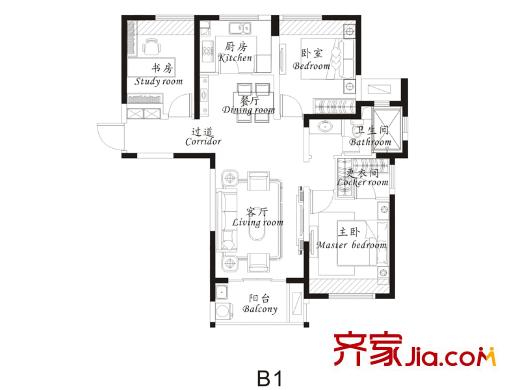 大華錦繡華城第15街區(qū)戶型圖B1戶型 3室2廳1衛(wèi)1廚