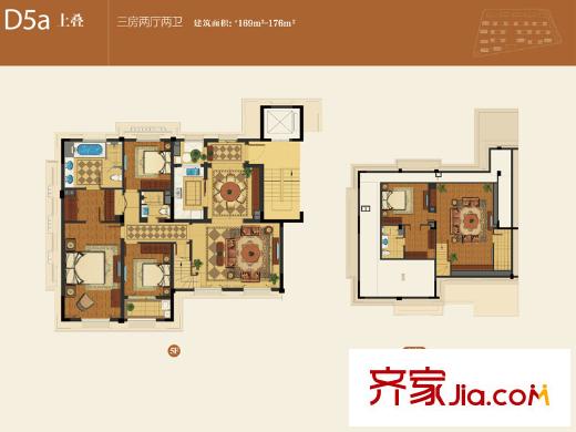 綠城玉蘭公館戶型圖D5a上疊戶型 3室2廳2衛(wèi)1廚
