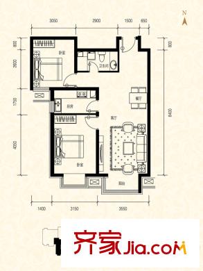 夏威夷蓝湾F2户型 2室2厅1卫1厨