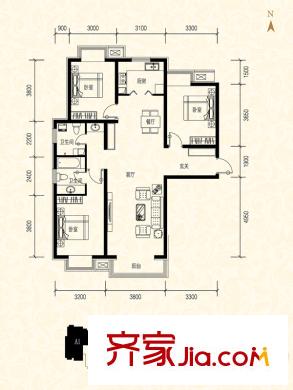 夏威夷蓝湾A1户型 3室2厅2卫1厨