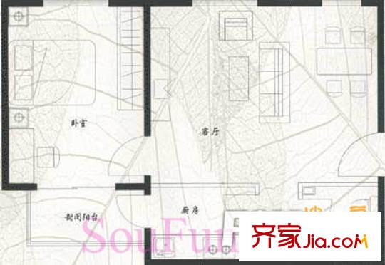 燕京新城户型图D1型 1室2厅1卫1厨