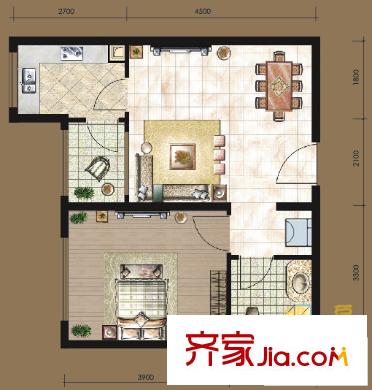 珠江拉维小镇户型图D3户型 1室2厅1卫1厨
