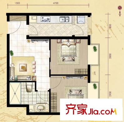 珠江拉维小镇户型图B-5户型 2室2厅1卫1厨