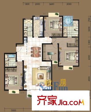 珠江拉维小镇户型图C2户型 3室2厅2卫1厨