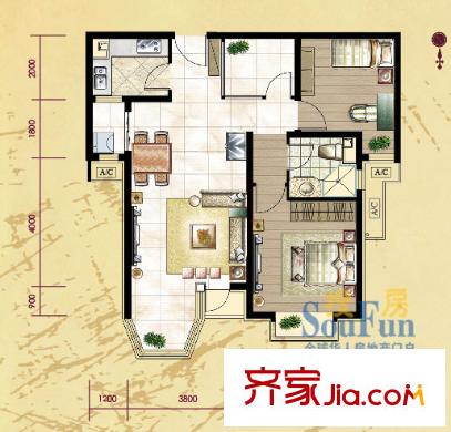 珠江拉维小镇户型图A-1户型 3室2厅1卫1厨