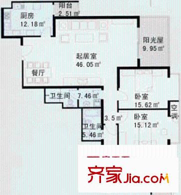 新天第户型图B户型 3室2厅2卫1厨