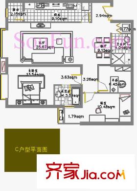 京贸国际公寓户型图G座C户型 3室1厅2卫1厨