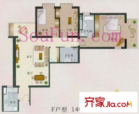 京贸国际公寓户型图F户型 4室2厅2卫1厨