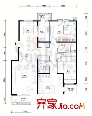 紫城嘉园户型图G标户型 3室2厅2卫1厨