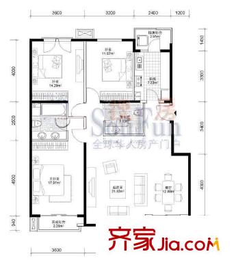 紫城嘉园户型图11-16号楼A标户 3室2厅2卫1厨