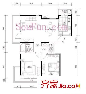 紫城嘉园户型图b6户型 2室2厅2卫1厨