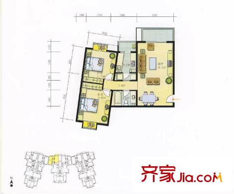 曙光花园水云天户型图102.5平米 2室2厅1卫1厨