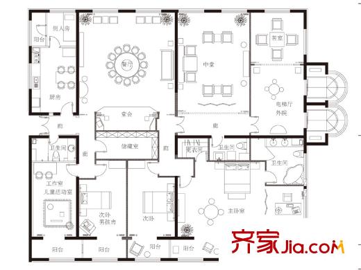华尔街观典户型图A户型图 6室3厅3卫1厨