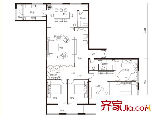 华尔街观典户型图B户型图 4室2厅2卫1厨