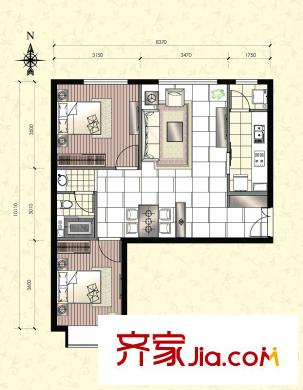 北京华贸城24#B4户型(售罄) 2室2厅1卫1厨