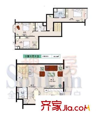 乐澜宝邸户型图2号楼2段G户型 3室2厅3卫1厨