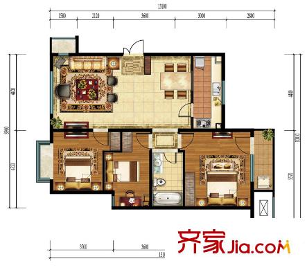 亿城西山公馆户型图新B-B户型图 3室1厅1卫1厨