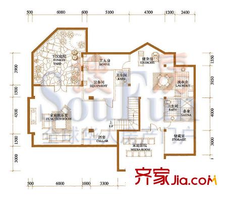 西山美庐户型图G反地下一层户型 1室2卫