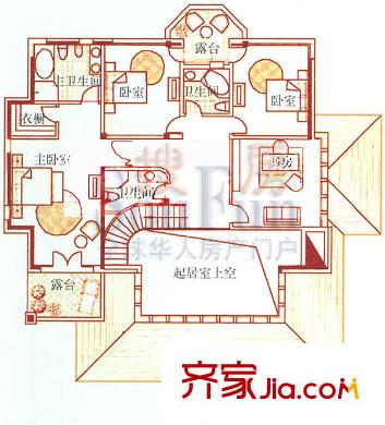 西山美庐户型图H’二层平面户型 3室3卫1厨