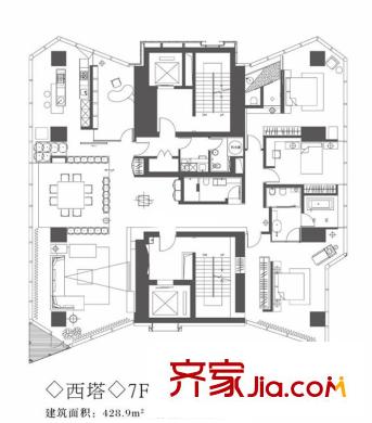 昆仑公寓户型图西塔7F户型 4室2厅3卫1厨