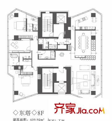 昆仑公寓户型图东塔8F户型 3室2厅3卫1厨