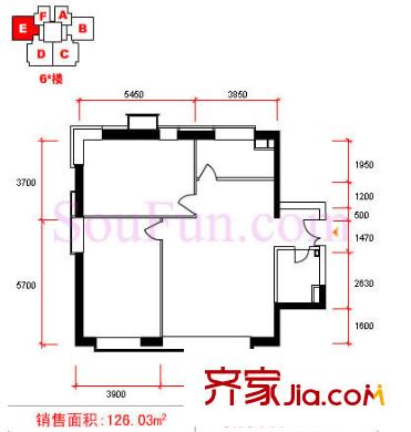 万达广场户型图6楼E户型 2室1厅1卫1厨