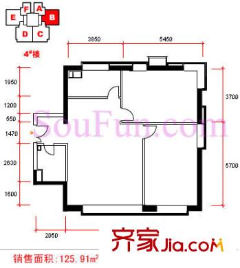万达广场户型图4楼B户型 2室1厅1卫1厨