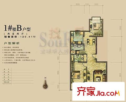 博雅德园户型图1号楼B户型 2室2厅2卫1厨