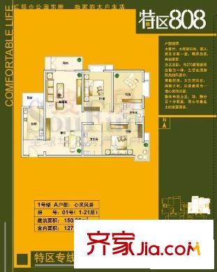 特区808户型图1号楼01号A户型 3室2厅2卫1厨