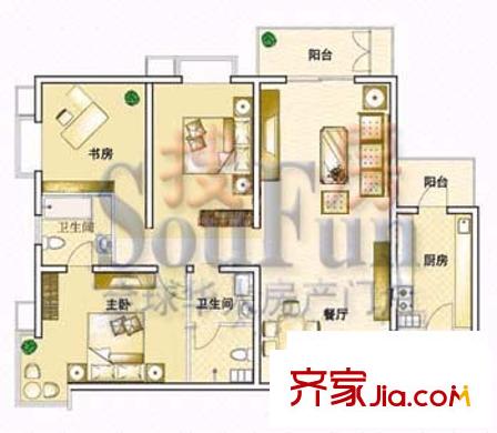 特区808户型图1号楼06号02户型 3室2厅2卫1厨