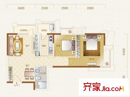 富力金禧花园户型图5号楼A户型 2室1厅1卫1厨