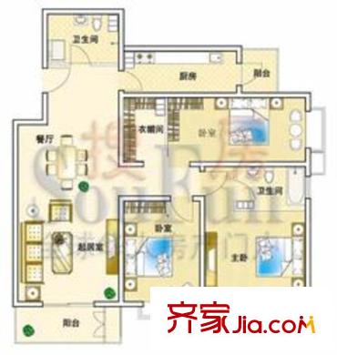 特区808户型图1号楼03号02户型 3室2厅2卫1厨