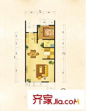 领秀新硅谷别墅户型图联排南入口户型一层户型图 1室2厅1卫1厨