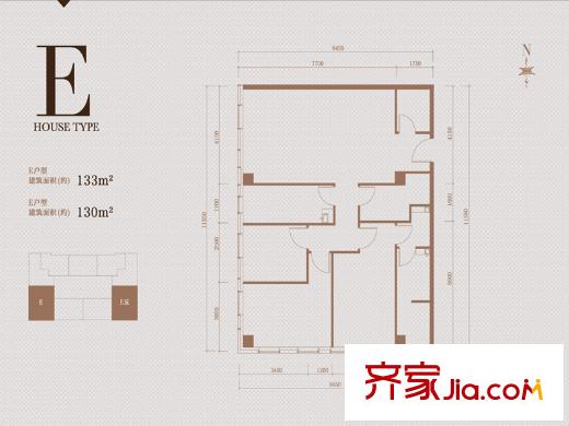 鹭平方米国际户型图公寓E户型户型图 4室3厅1卫1厨