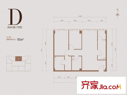 鹭平方米国际户型图公寓D户型户型图 3室2厅1卫1厨
