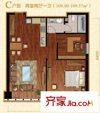 金澳国际户型图C户型 2室2厅1卫1厨