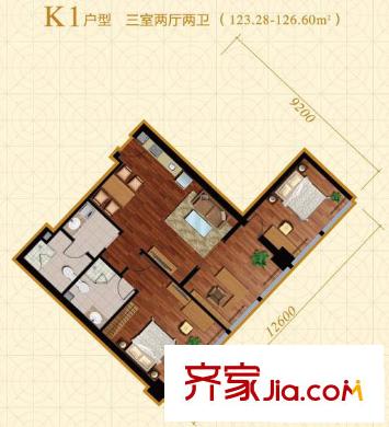 金澳国际户型图K1户型 3室2厅2卫1厨