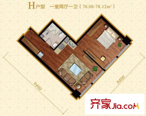 金澳国际户型图H户型 1室2厅1卫1厨
