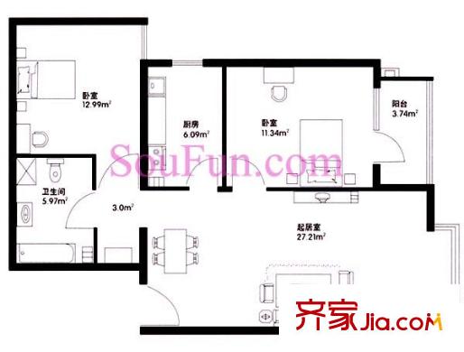 首座绿洲户型图04/09户型 2室2厅1卫1厨