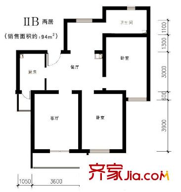 龙博苑一区户型图B户型94平米 2室2厅1卫1厨