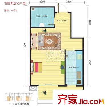 古韵新居户型图A3户型―46平方米 1室1厅1卫1厨