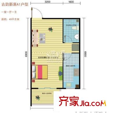 古韵新居户型图A1户型―46平方米 1室1厅1卫1厨