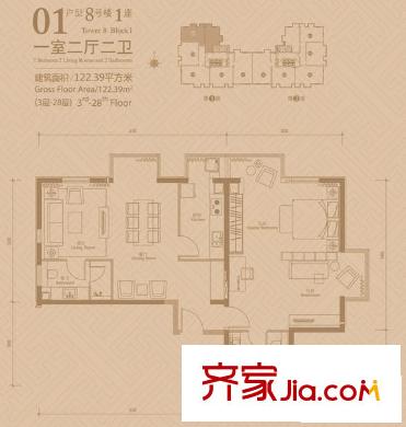 悠唐大都会户型图8号楼1座01户型 1室2厅2卫1厨